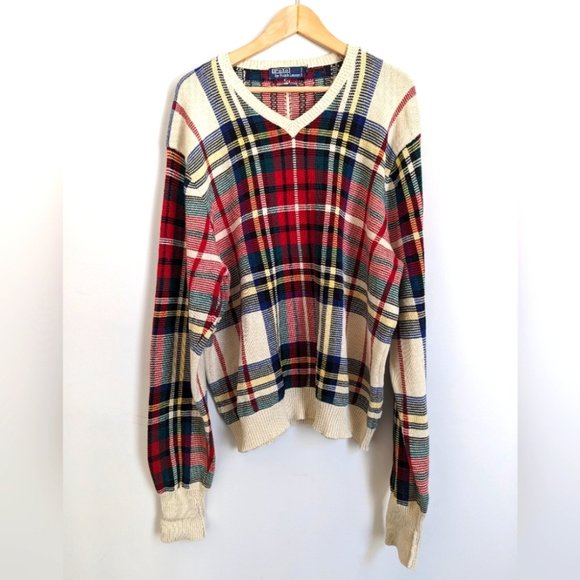Polo Ralph Lauren Other - Polo Ralph Lauren Vintage V Neck Big Plaid Cotton Sweater Ivory Red Green XXL